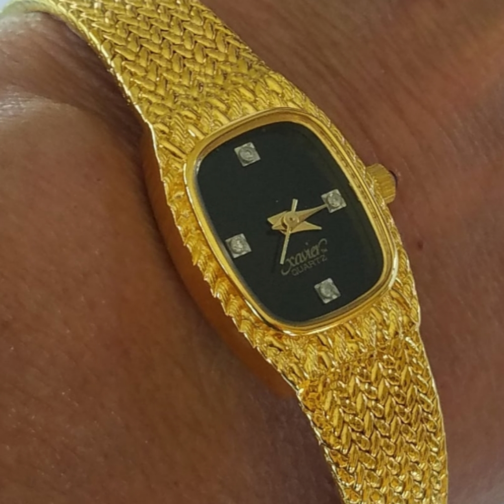 Vintage Xavier Genuine Diamond Watch, Swiss Parts, Gold Plated Braided ban